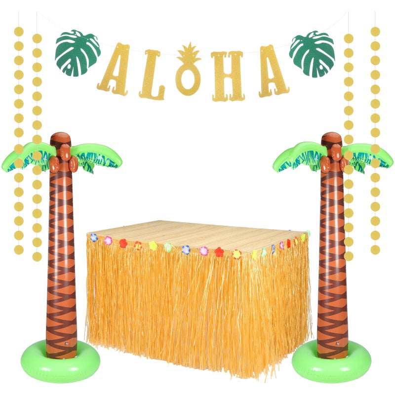 MiniInflat 4 Pcs Hawaiian Party Decorations Include 2 Pack 5.9ft Giant Inflatable Palm Trees 1 Pcs 9.06 x 2.46 ft Luau Grass Table Skirt 1 Glittery Aloha Banner for Tropical Summer Hawaiian Luau - Image 1